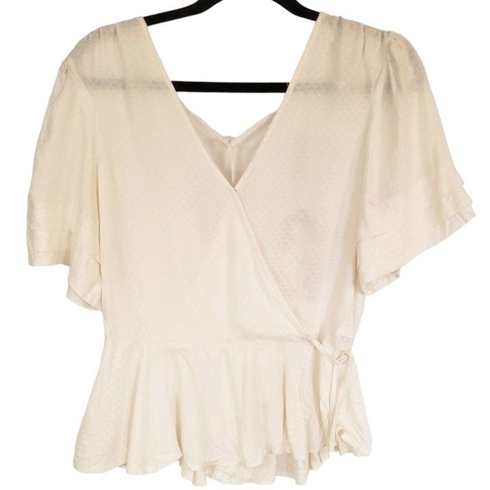 BOG Collective cross front top Medium ruffle sleeve boho cream tie‎ back new